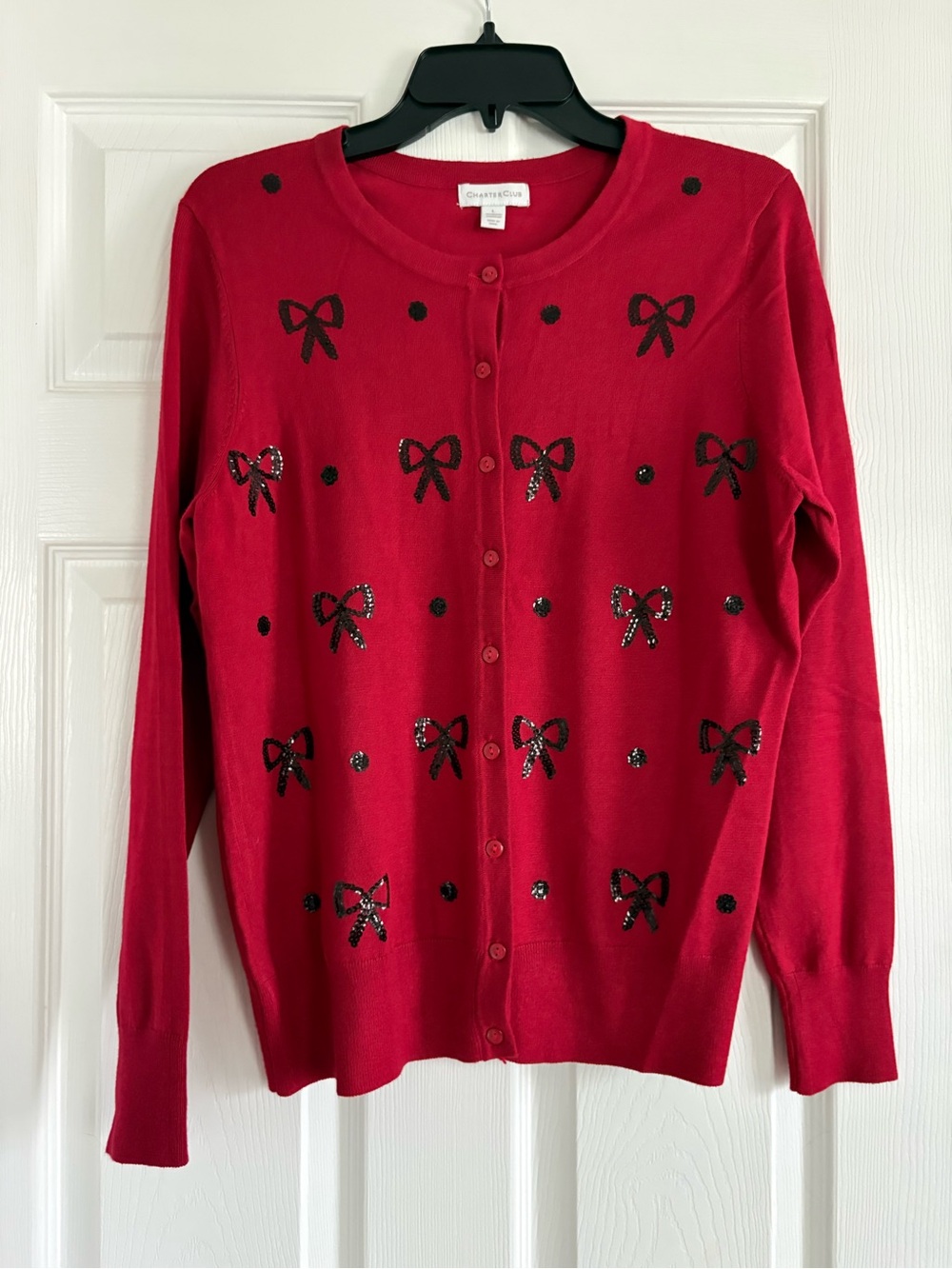 Charter Club Red Bow Sequin Cardigan Sweater